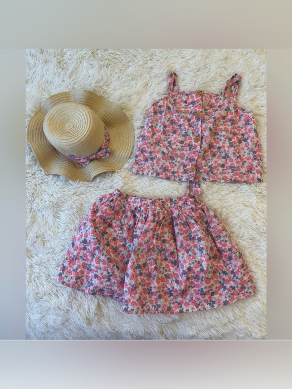 MAX STUDIO Girls Floral 3 Piece Skirt Tank Top Sun Hat Matching Set Size 7/8